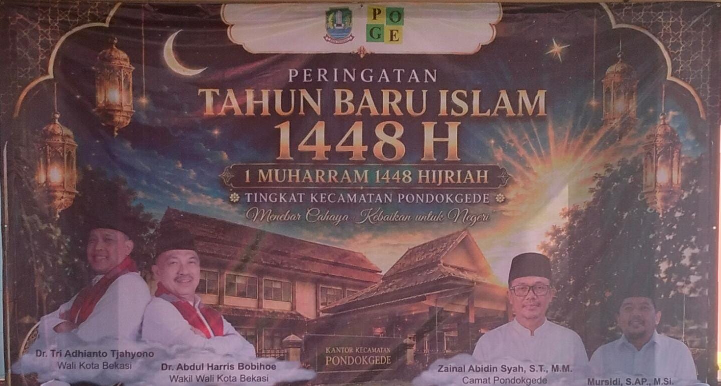 Pemerintah Kecamatan Pondok Gede menggelar peringatan Tahun Baru Islam 1448 H di Pendopo Kecamatan, Rabu, 1 Juli 2026. Kegiatan dihadiri Camat Pondok Gede, seluruh Lurah se-Kecamatan Pondok Gede, unsur LPM, BKM, ASN, tokoh agama, Ormas Forkabi, Panwil ,Pokdar, Ormas FBR, Kowilmur dan masyarakat.