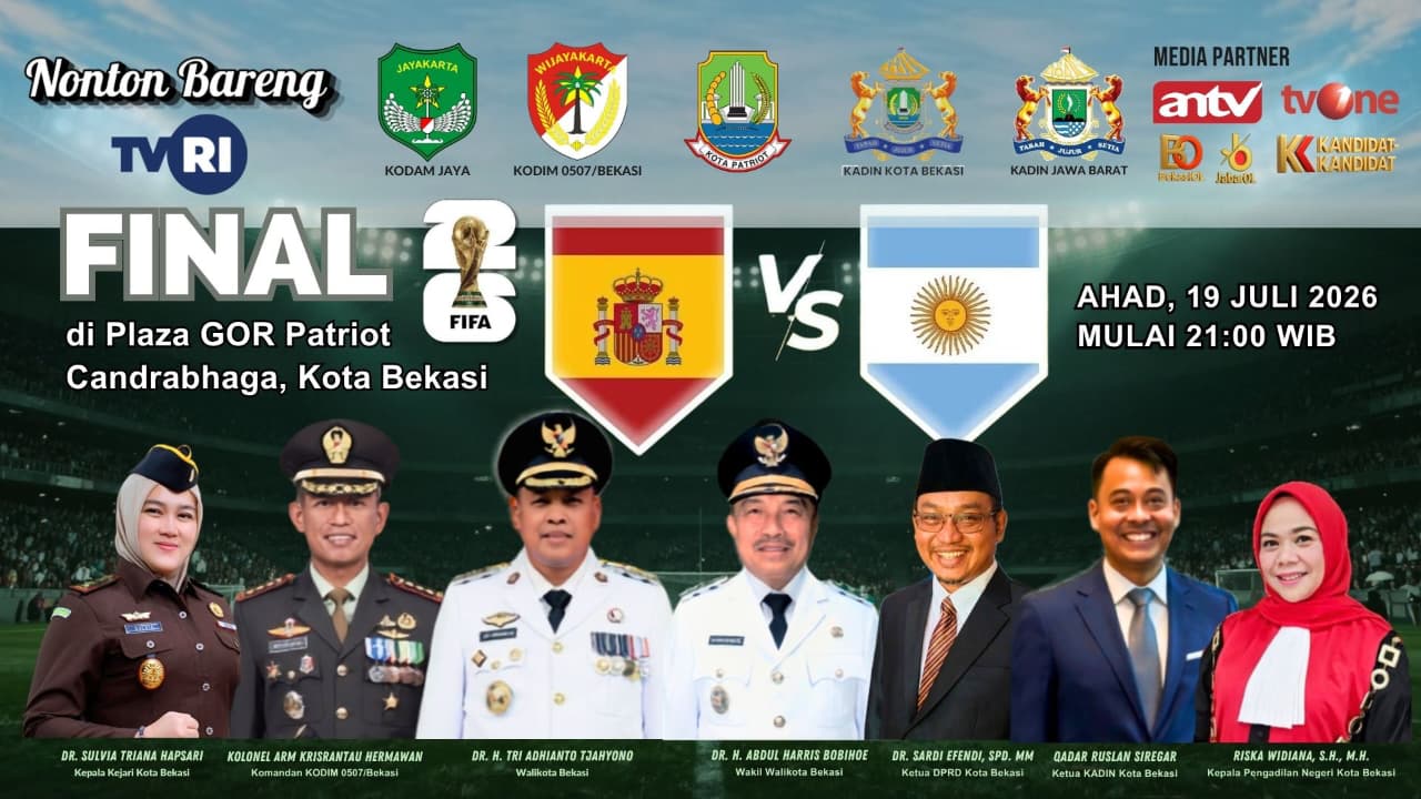 Final Piala Dunia FIFA 2026 yang mempertemukan Spanyol dan Argentina tidak hanya menjadi ajang adu gengsi dua raksasa sepak bola dunia, tetapi juga menjadi momentum mempererat kebersamaan masyarakat Kota Bekasi melalui Festival Rakyat Nusantara 2026 dan kegiatan nonton bareng (nobar) yang digelar Kamar Dagang dan Industri (KADIN) Kota Bekasi bersama Pemerintah Kota Bekasi, Kodim 0507/Bekasi, dan Polres Metro Bekasi Kota.