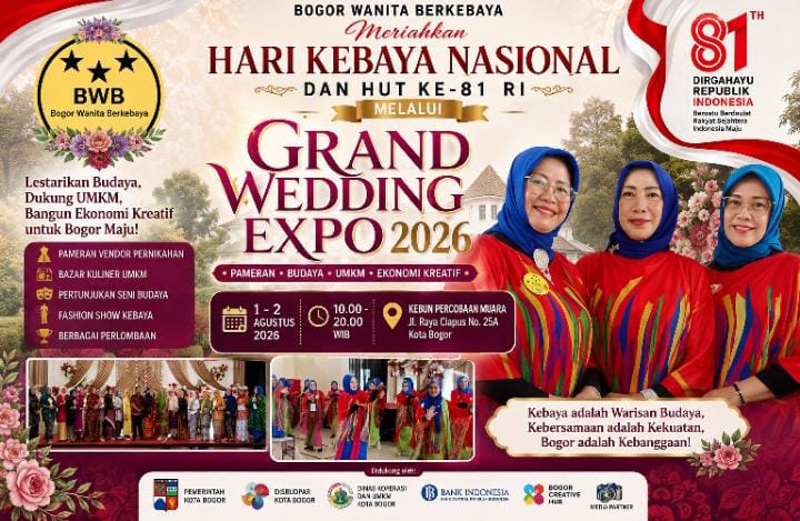 Bogor Wanita Berkebaya (BWB) turut memeriahkan peringatan Hari Kebaya Nasional sekaligus menyambut Hari Ulang Tahun (HUT) ke-81 Kemerdekaan Republik Indonesia melalui kolaborasi penyelenggaraan Grand Wedding Expo 2026