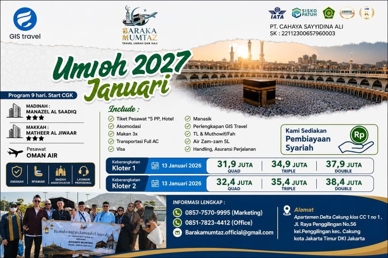 Bagi umat Muslim yang mendambakan perjalanan ibadah ke Tanah Suci dengan pelayanan yang nyaman dan pendampingan profesional, BARAKA MUMTAZ Travel Umrah dan Haji menghadirkan Program Umroh Januari 2027.